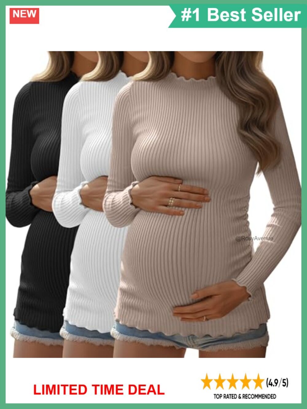 3 Pack Women Ribbed Long Sleeve Mock Turtleneck Maternity Tops Side Ruched